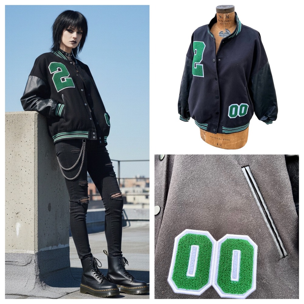 Letterman Varsity Bomber Jacket Vegan Leather Sleeve Grunge Goth Sz 4 OversIzed‎